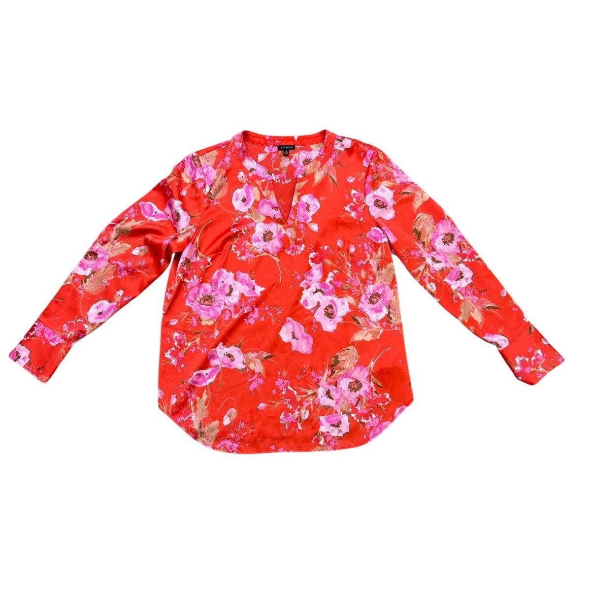 Talbots Women’s Red Floral Polyester Blend Long Sleeve V-Neck Blouse Sz M