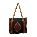 Handcrafted Women’s Green Woven Southwestern Boho With Leather Straps Tote Bag
