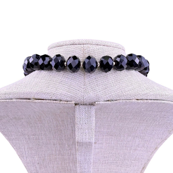 Faceted Glass Bead Necklace Black Magnetic Clasp Handmade Artificial Pearls 