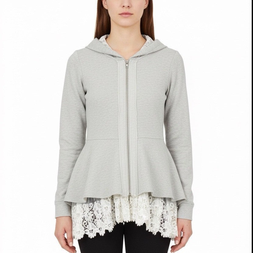 LoveAndliberTy Womens Gray Cotton/Spandex Lace Trim Hooded Zip-Up Sweater Size S