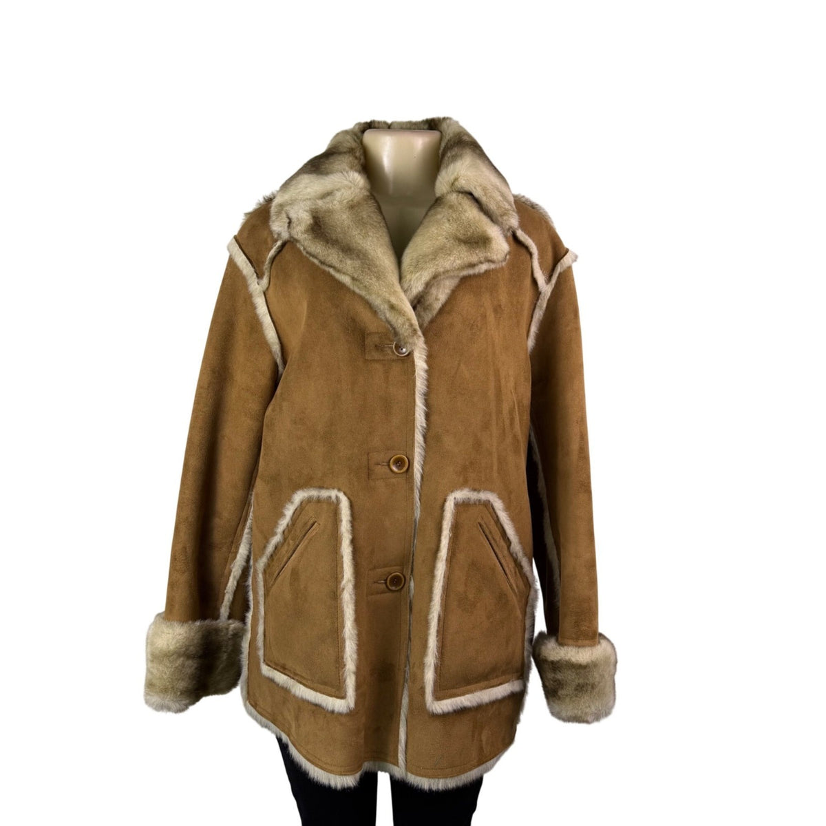 Dennis By Dennis Basso Womens Tan Faux Suede & Fur Button Jacket Winter Sz L