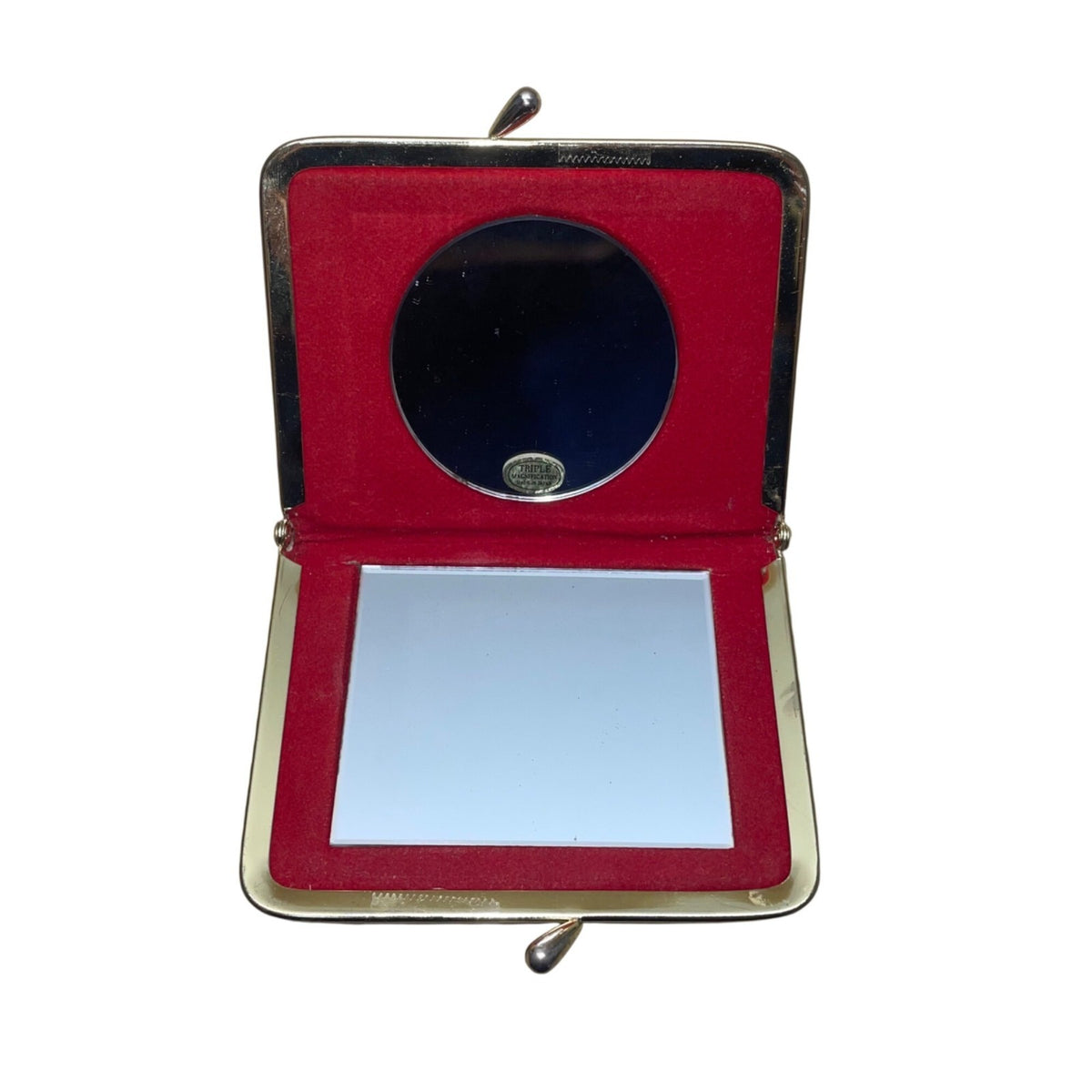 Vintage Womens Floral Tapestry Gold Metal Frame Triple Magnification Dual Mirror