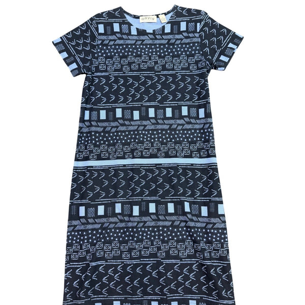 Orvis Womens Navy Tribal Print Midi Dress Relaxed Fit Comfortable Size M