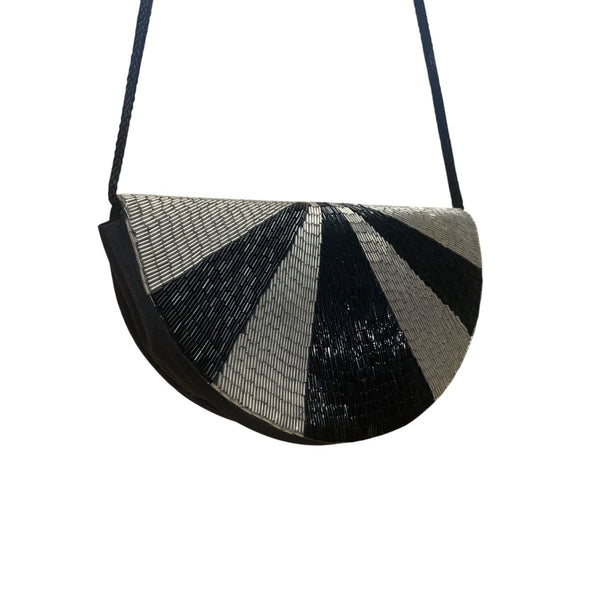Impo Women’s Black & Silver Beaded Striped Half-Moon Crossbody Bag