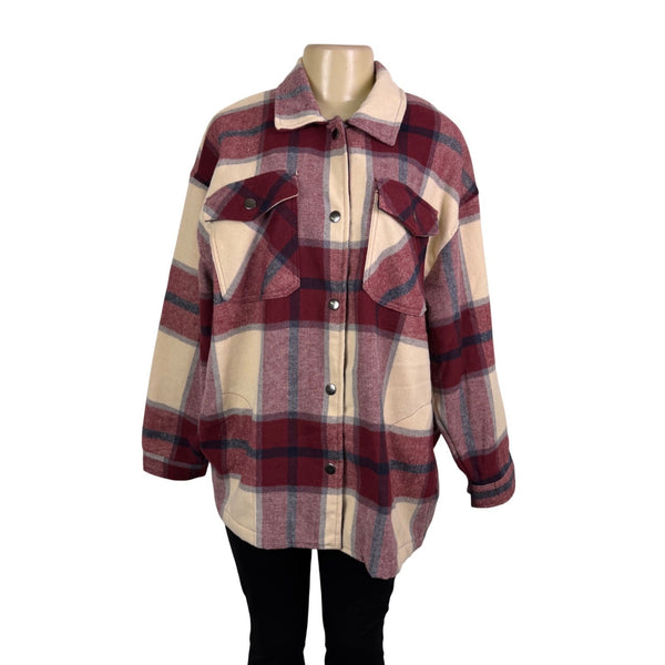 HFX Womens Red Beige Polyes/Wool Long-Sleeve Plaid Button Up Shirt Jacket  Sz L