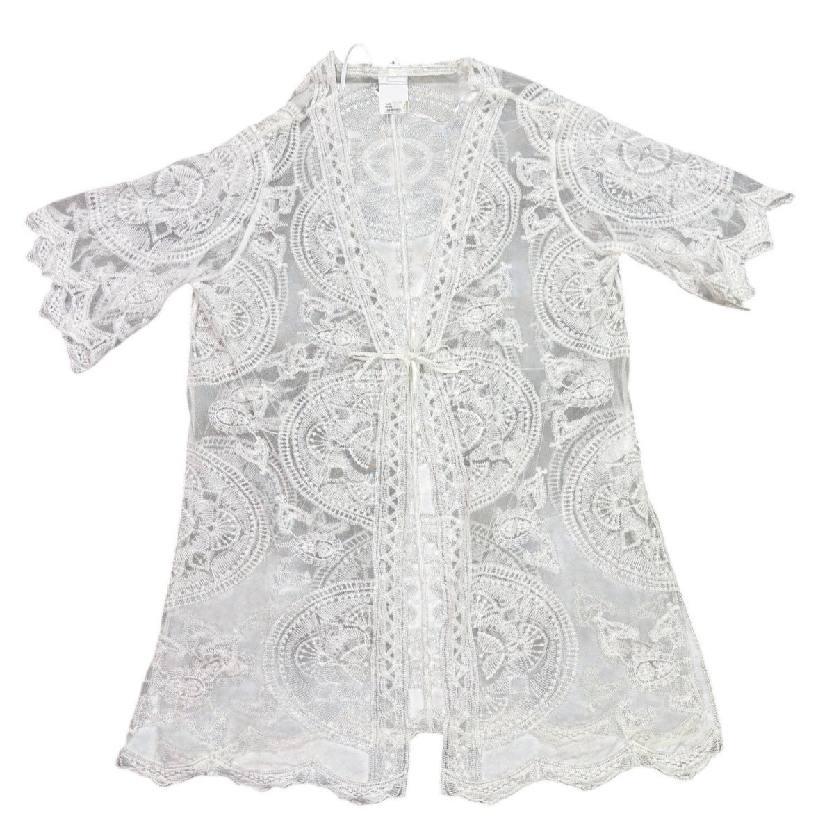 I Am Womens White Lace Open Front Duster Kimono Cardigan With Waist Tie One Size