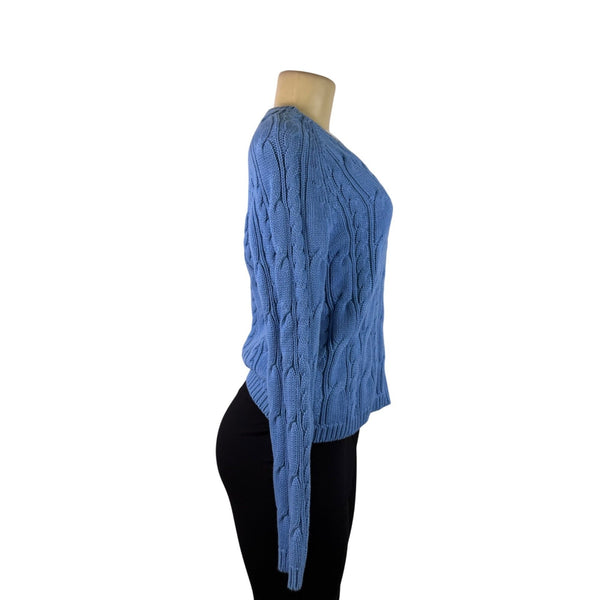 Izod Ladies Blue Cable Knit V-Neck Sweater Lightweight Casual Fit Sz S - New