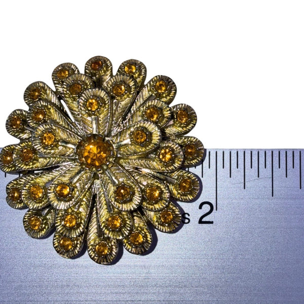 Amber Tone Rhinestone Flower Brooch Dome Layered Metal Women’s Jewelry