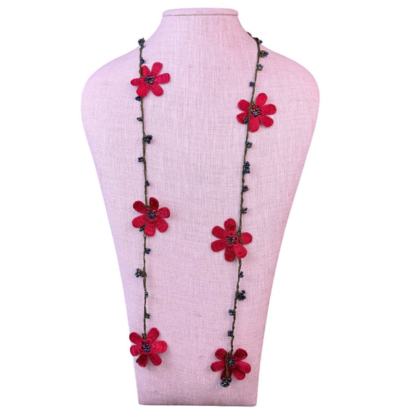 Handmade Womens Red Crochet Floral Necklace With Beads