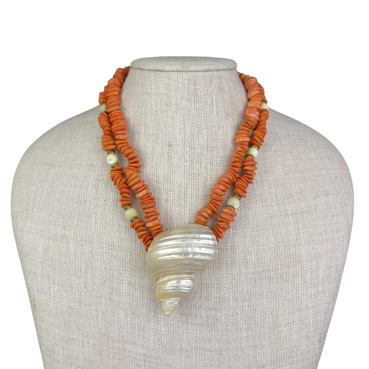 Coral & White Conch Shell Statement Necklace W/ Gold Tone Accents & Hook Clasp