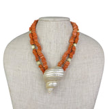Coral & White Conch Shell Statement Necklace W/ Gold Tone Accents & Hook Clasp