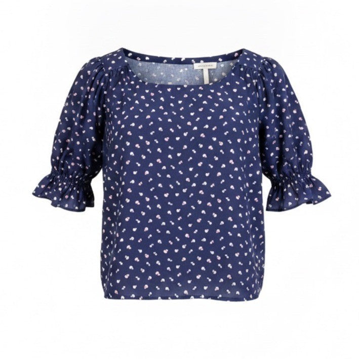 Ann Taylor Womens Navy Floral Print Blouse Ruffled Sleeves Pattern Size XS