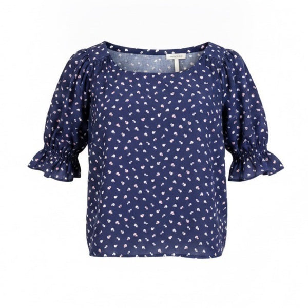 Ann Taylor Womens Navy Floral Print Blouse Ruffled Sleeves Pattern Size XS