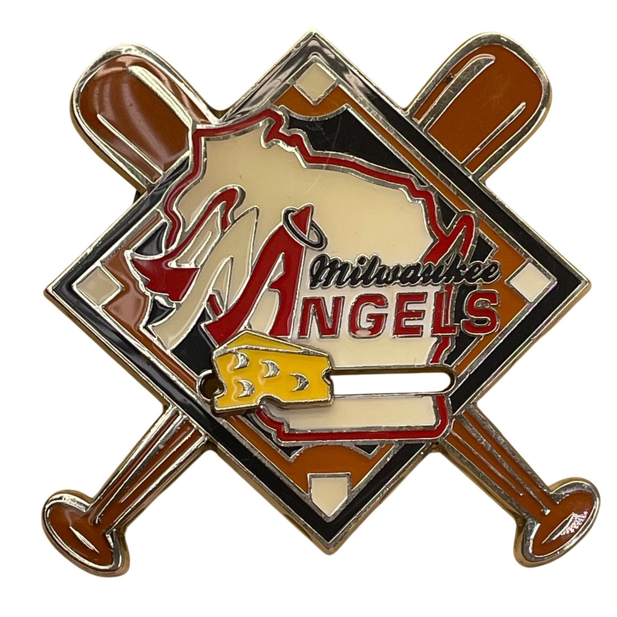 Milwaukee Angels Baseball Team Lapel Pin With Crossed Bats & Cheese Logo