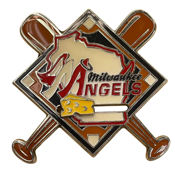 Milwaukee Angels Baseball Team Lapel Pin With Crossed Bats & Cheese Logo
