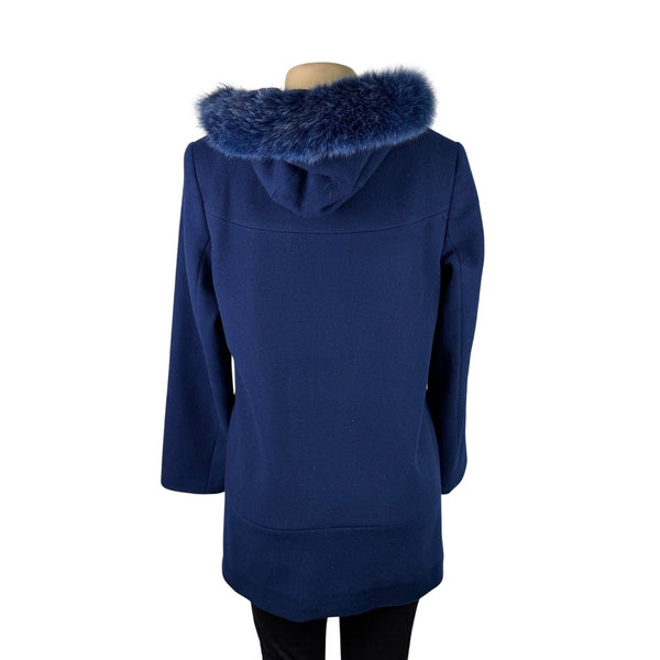 Pendleton Womens Navy Wool & Cashmere Coat With Fox Fur Trim Hood Size 8