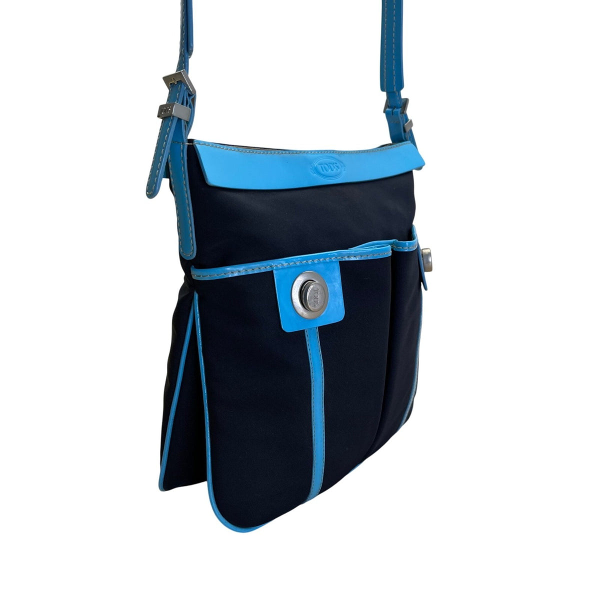 Tod’s Black & Blue Nylon Leather Trim With Silver Turn Lock Crossbody Bag