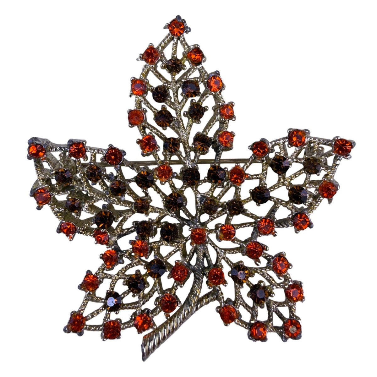 Red Orange Rhinestone Maple Leaf Brooch With Pin Gold Tone Statement Jewelry