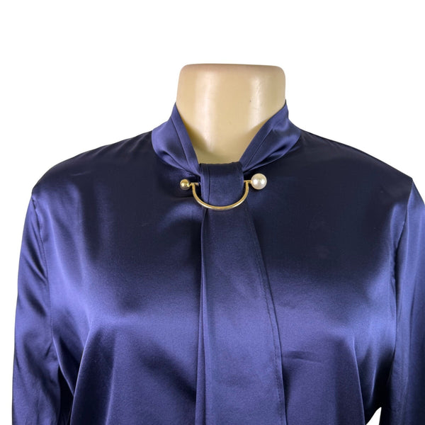 LILYSILK Womens Navy Blue Silk Long Sleeve Blouse With Tie Neck Detail Size M