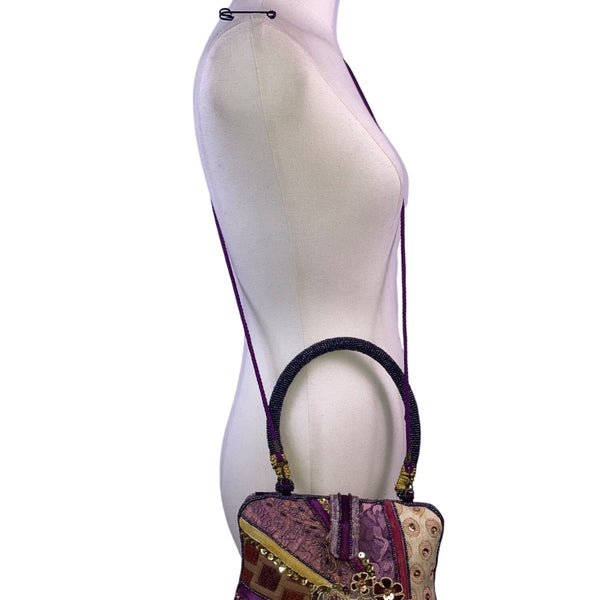 Bohemian Women’s Purple Patchwork Beaded Handbag With Embellished Details