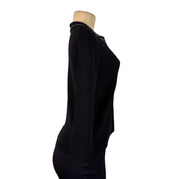 Liv Milano Womens Black Sweater Rhinestone Collar 3/4 Sleeves Pullover Sz XS