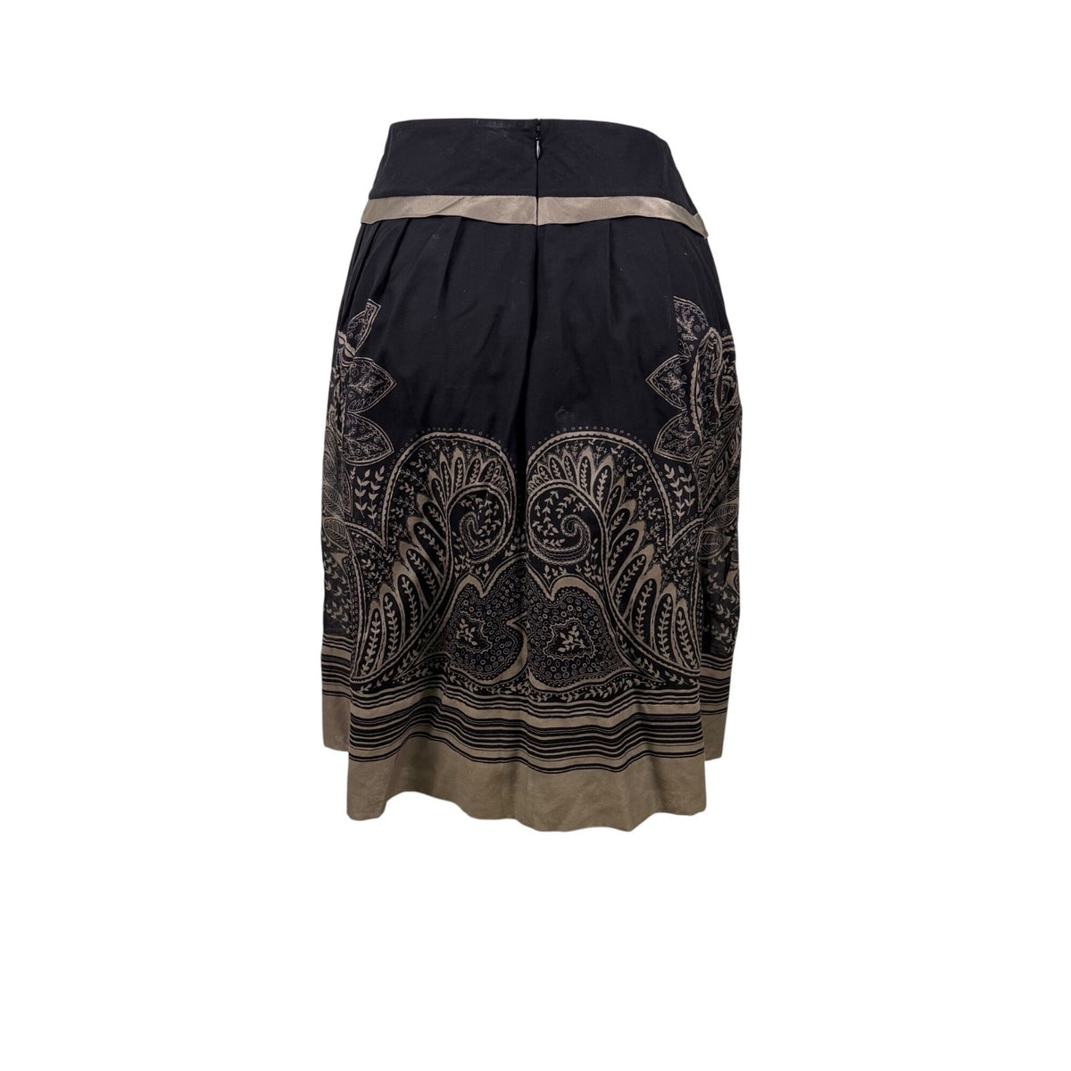 Black Cotton & Silk Women’s Paisley Midi Skirt With Pleats & Beige Accents