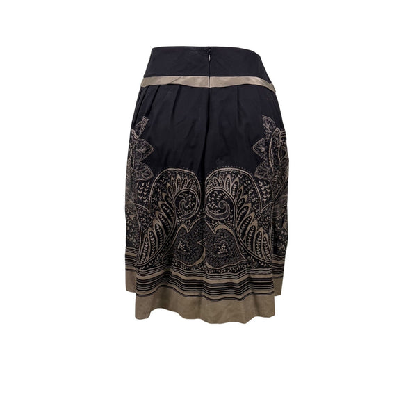 Black Cotton & Silk Women’s Paisley Midi Skirt With Pleats & Beige Accents