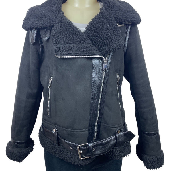 Zara Womens Black Moto Jacket With Belted Waist & Zipper Details Size L