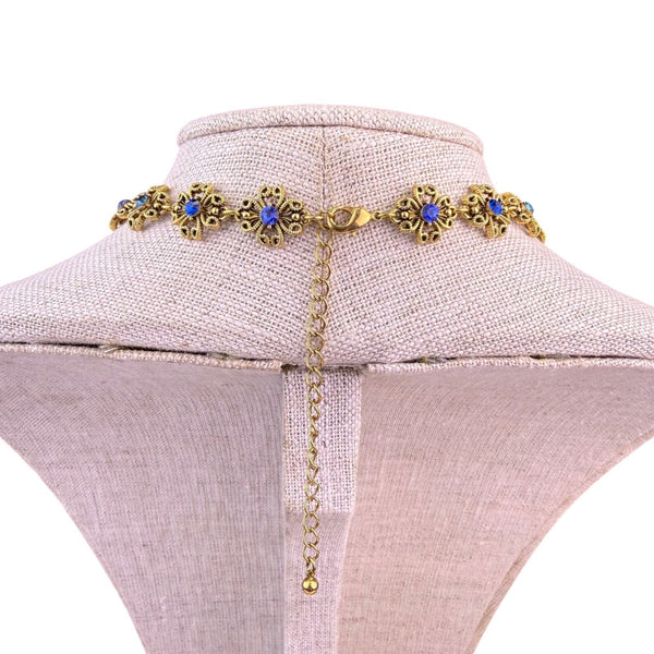 Vintage Avon Gold Tone Necklace Blue Briolette Drop & Rhinestone Accents