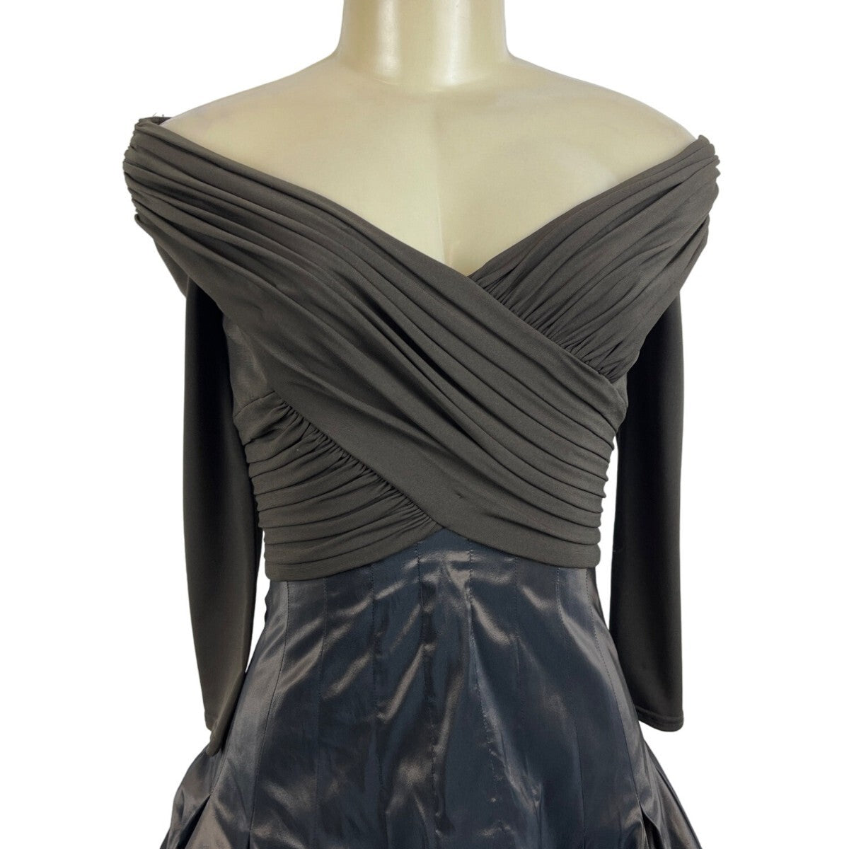 Tadashi Off-The-Shoulder Ruched Long Sleeve Dress With Shiny Full Skirt Sz 2