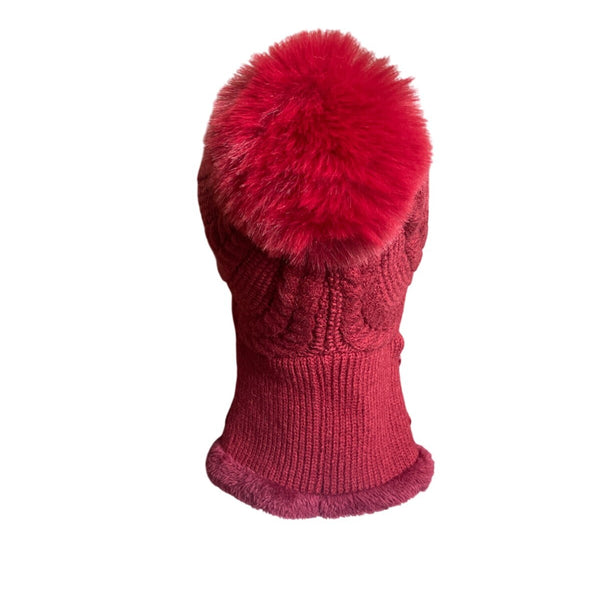 Unbranded Knitted Red With Pom Pom & Neck Warmer Winter Cap