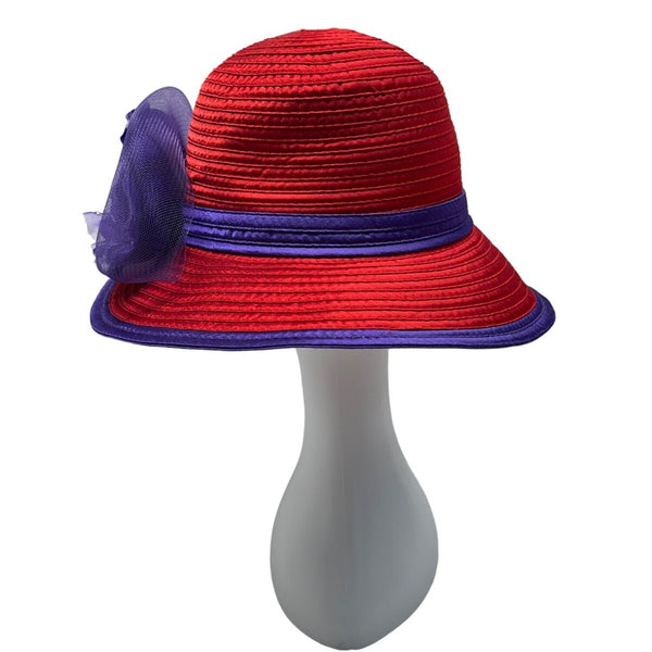 Red & Purple Womens Polyester Hat With Decorative Flower