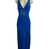 Elegant Lace Blue Sleeveless Dress With Deep V-Neck New