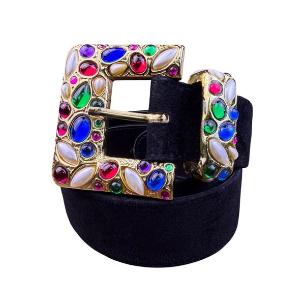 Express Womens Black Leather Belt Gold Jeweled Buckle Sz M