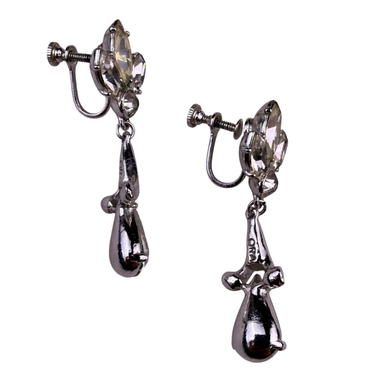 Ora Womens Silver Tone Rhinestone Dangle Clip-On Earrings Vintage Jewelry