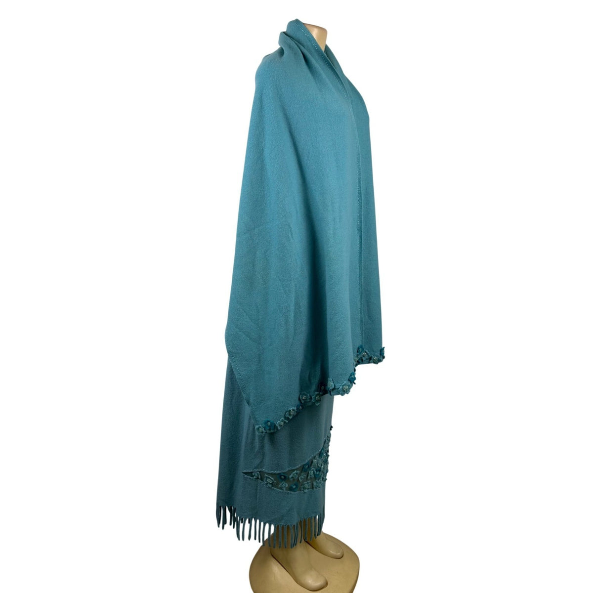 Rickie Treeman Teri Jon Womens Teal Wool Skirt & Scarf Set Fringed Floral Sz XL