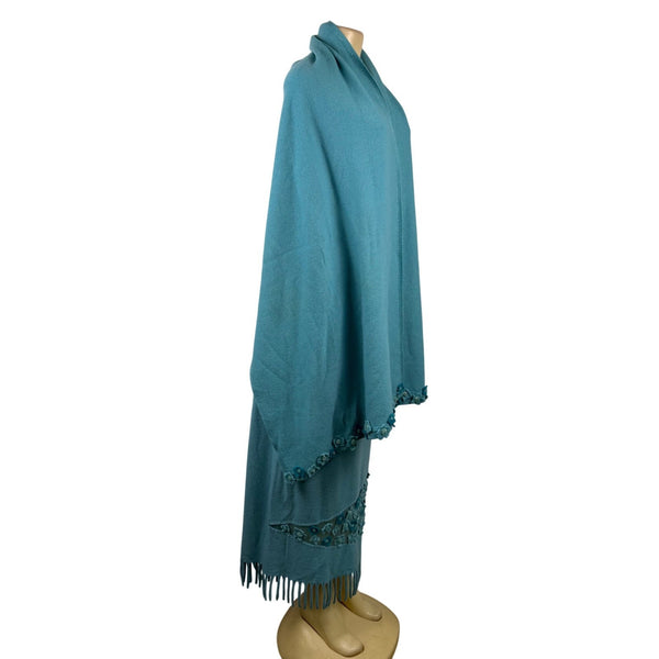 Rickie Treeman Teri Jon Womens Teal Wool Skirt & Scarf Set Fringed Floral Sz XL