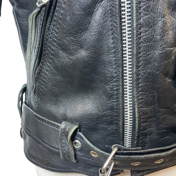 Vintage First Genine Leather Black Motorcycle Jacket With Zipper & Snap Details