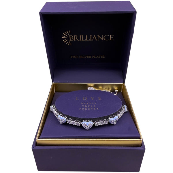 Brilliance Womens Silver Tone Heart Crystal Bracelet Adjustable Design
