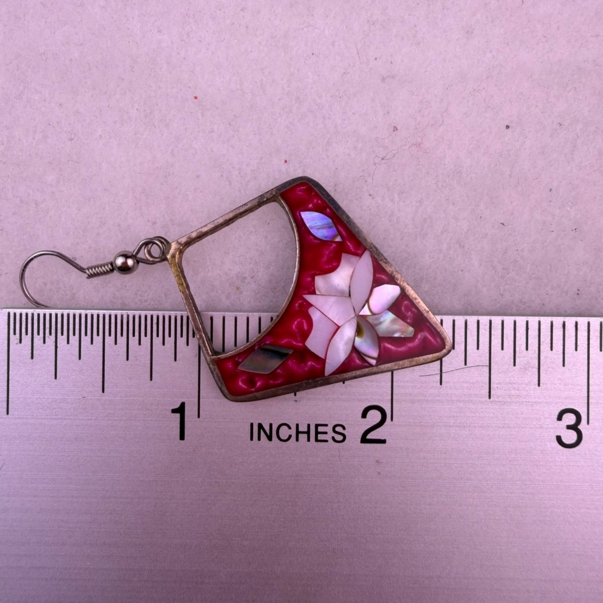 Vintage Alpaca Womens Red Floral Inlaid Dangle Earrings Mother Of Pearl