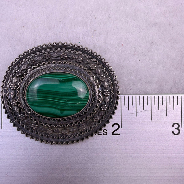 Sterling Silver Womens Green Malachite Brooch Gemstone Filigree Oval Vintage 925
