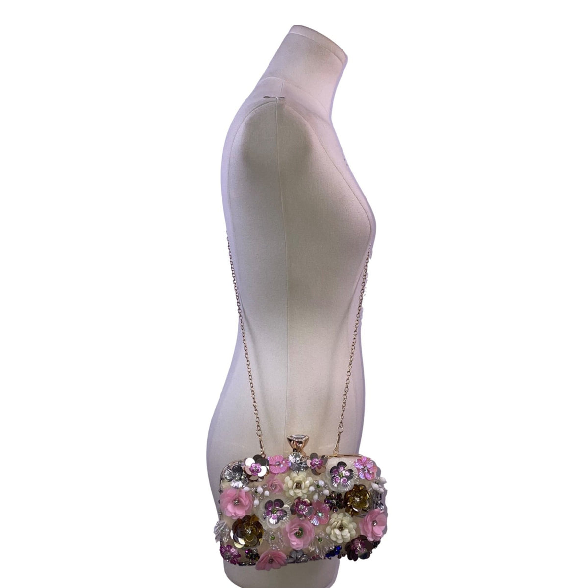 Women’s Pink Floral Embellishment With Chain Strap & Handle Clutch Purse