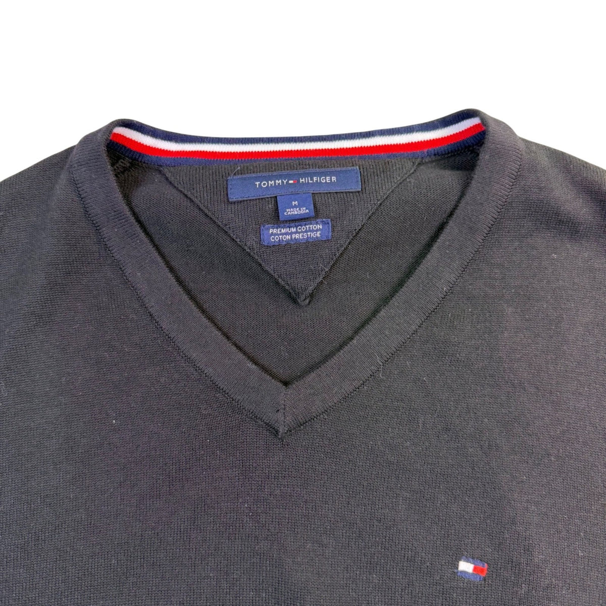 Tommy Hilfiger Mens Black V-Neck Premium Cotton Sweater  Casual Wear Size M