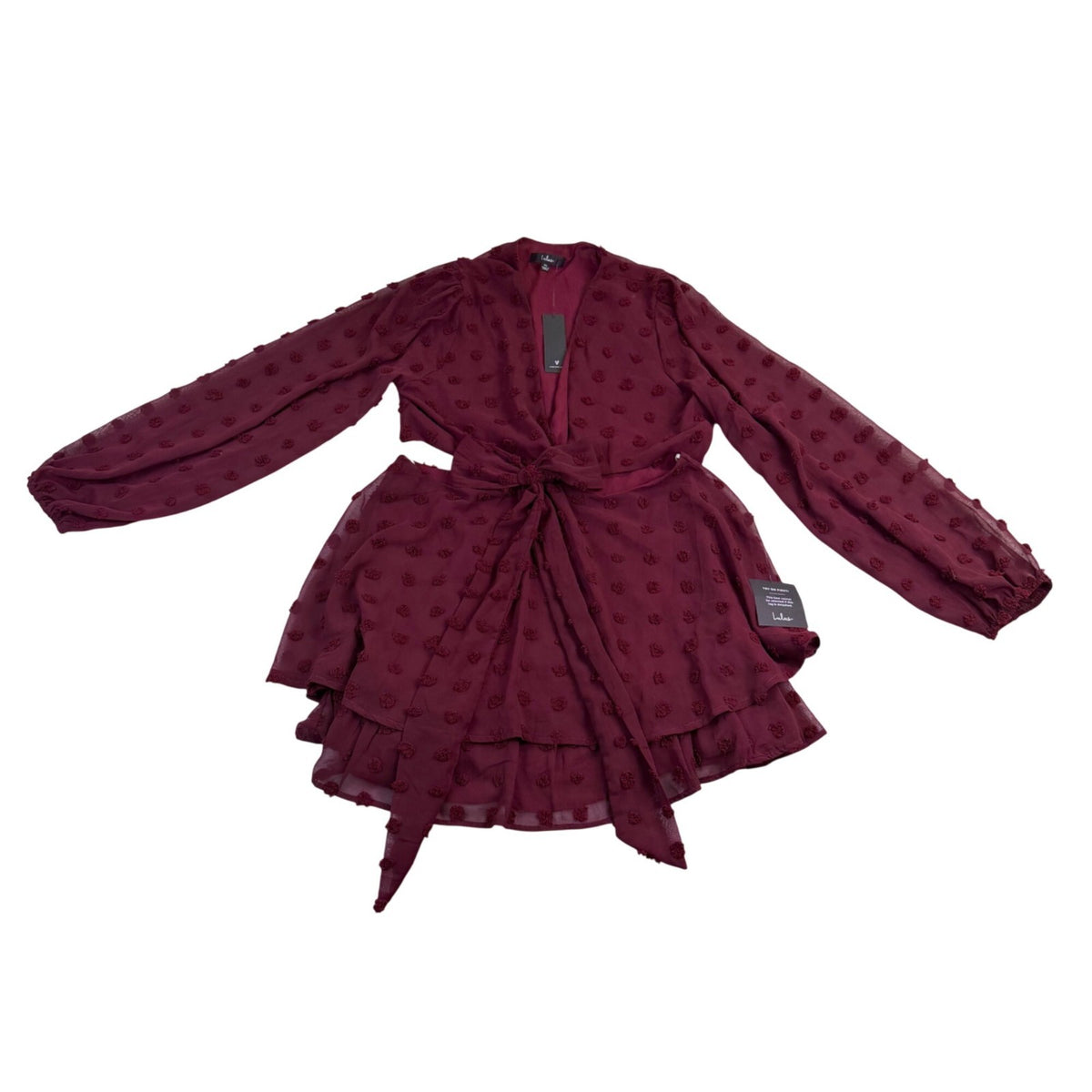 Lulus Womens Burgundy Tie-Front Long Sleeve Dress Ruffle Hem Polka Dot Sz XL