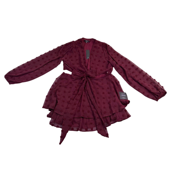 Lulus Womens Burgundy Tie-Front Long Sleeve Dress Ruffle Hem Polka Dot Sz XL