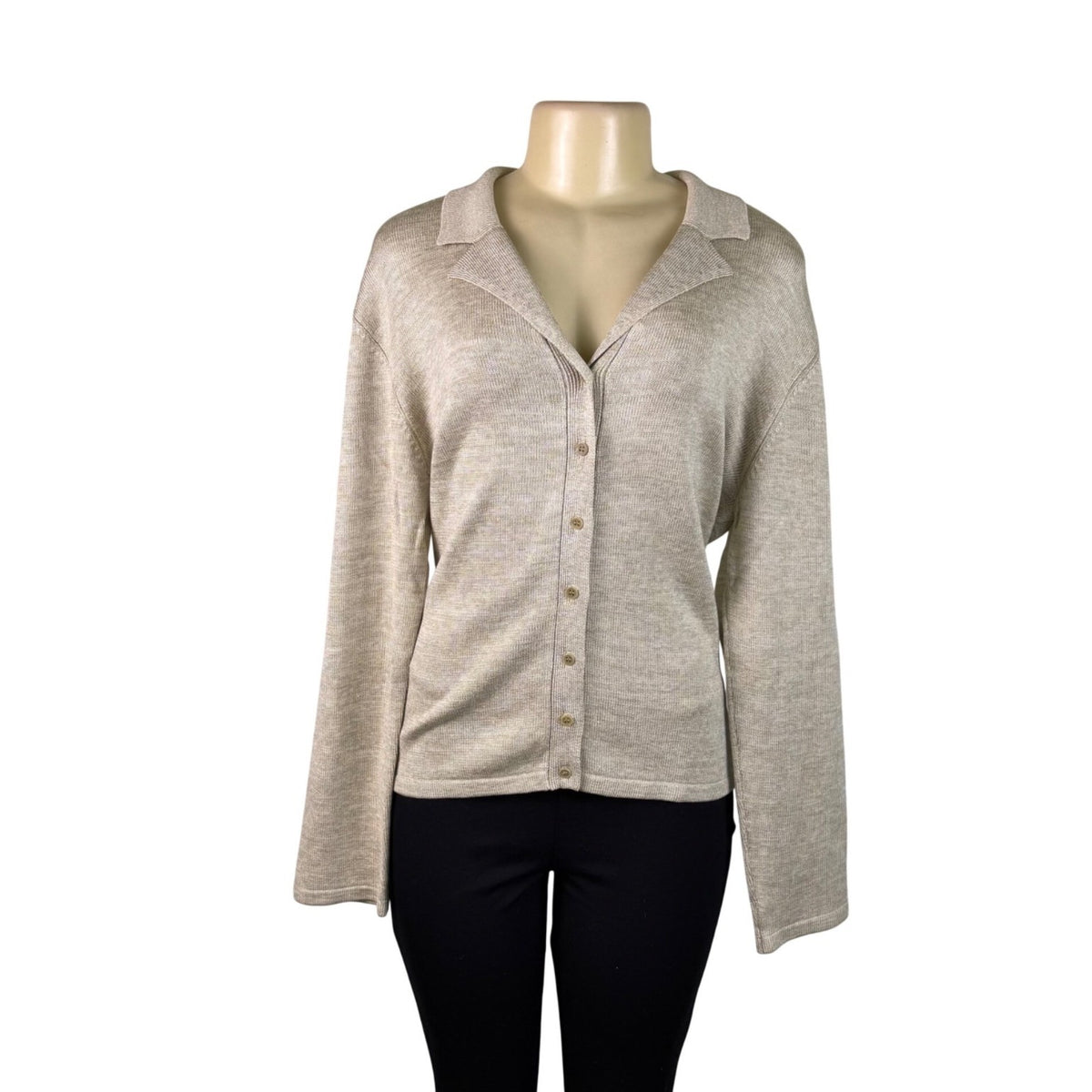 Jones New York Women Beige Silk Blend Button-Front Cardigan Sweater Size L