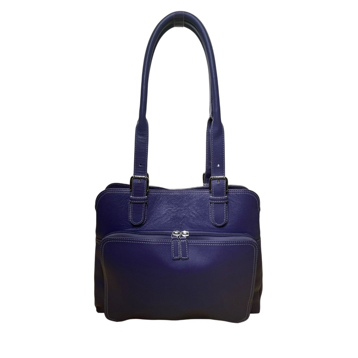 Levenger Women’s Purple Leather Double Strap Buckle Detail Zip Pocket Tote Bag