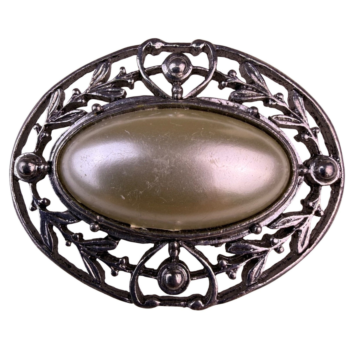 Vintage Womens Silver Tone Metal Oval Filigree Brooch Faux Pearl