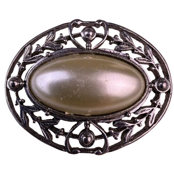 Vintage Womens Silver Tone Metal Oval Filigree Brooch Faux Pearl