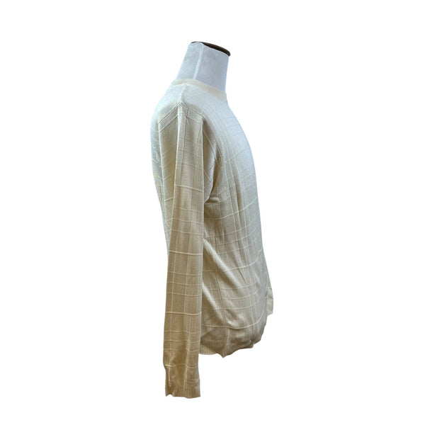 Bachrach Mens Cream 100% Silk Long Sleeve Sweater Grid Pattern Size L